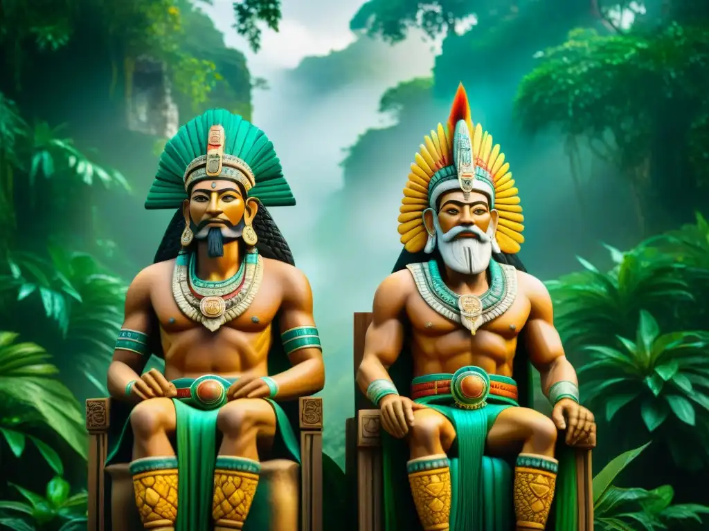 Los Abuelos Creadores Mayas: Detalles Divinos Los Abuelos Creadores de la mitología maya, Ixpiyacoc e Ixmucané, en tronos ornamentados en la exuberante jungla