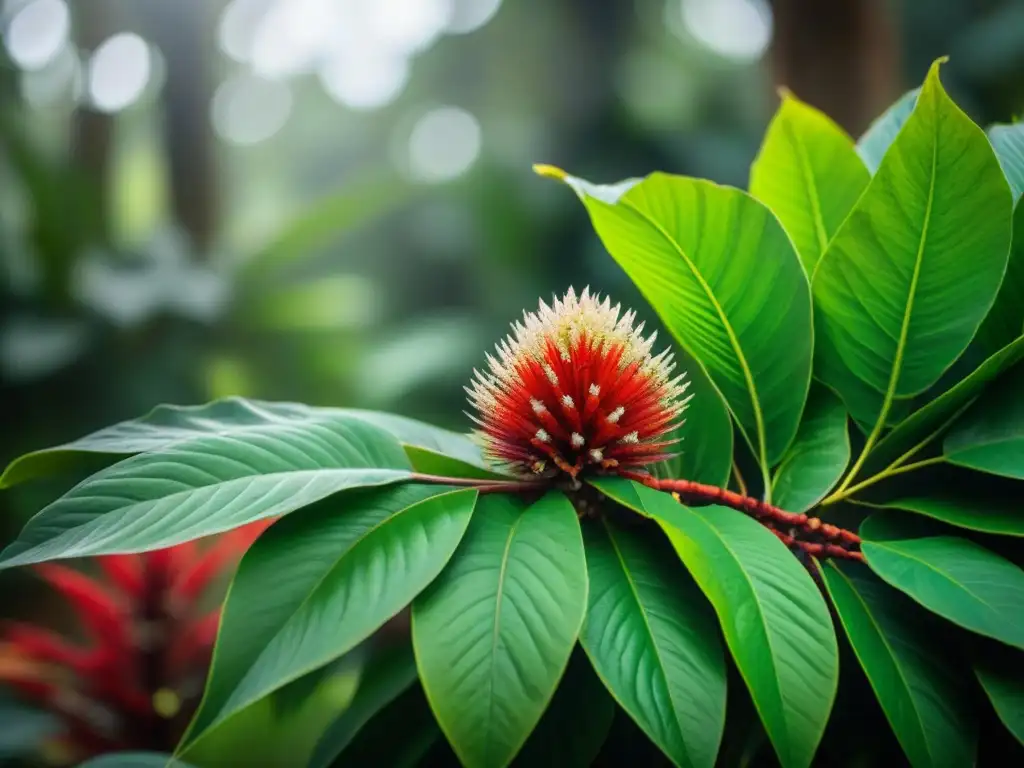 Un achiote rojo vibrante en la exuberancia de la selva tropical maya