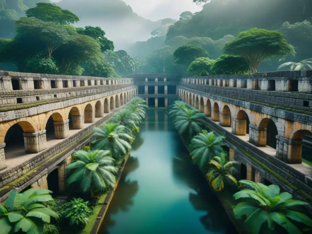 Acueductos y baños mayas antiguos en la selva, con detalladas estructuras de piedra y agua fluente