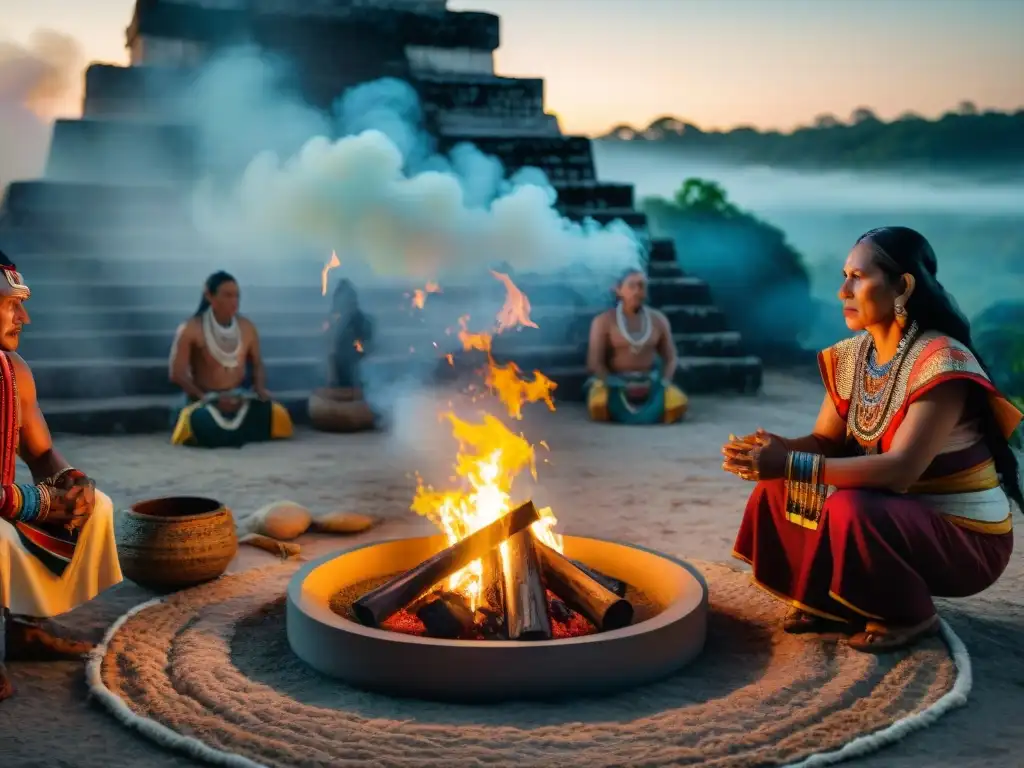 Acuerdos de paz en cultura maya: Ancianos mayas en ritual alrededor del fuego, rostros iluminados por llamas, cielo estrellado