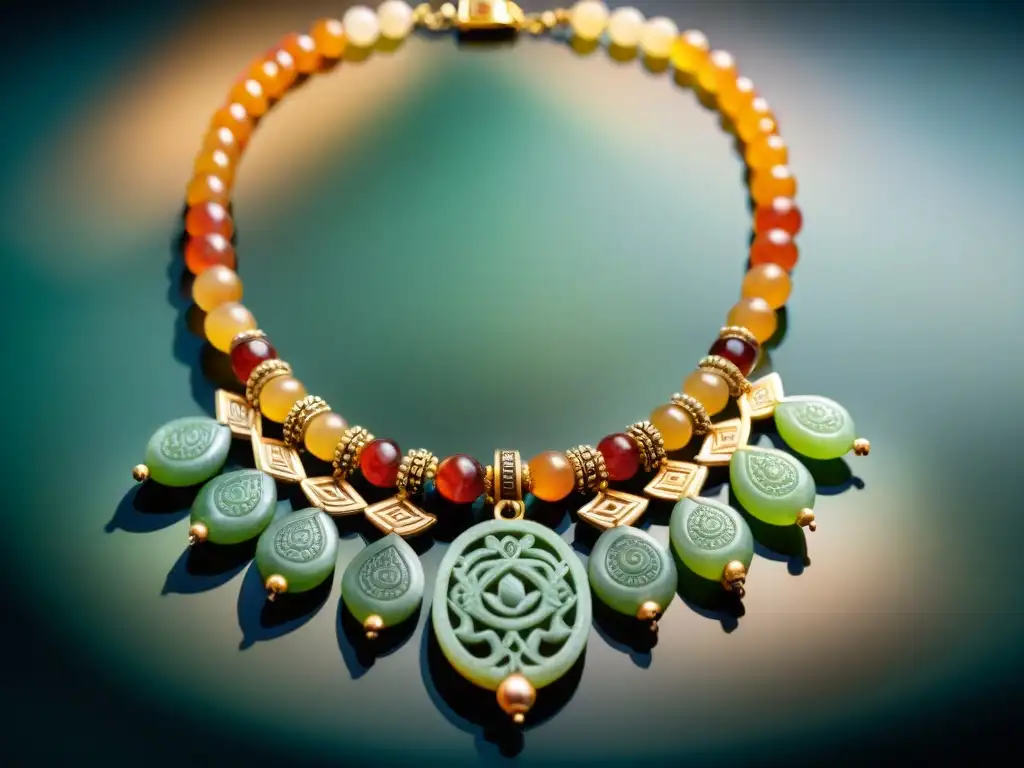 Adornos mayas símbolo poder: Collar de jade maya con detalles intrincados y piedras preciosas, resaltando su historia y belleza