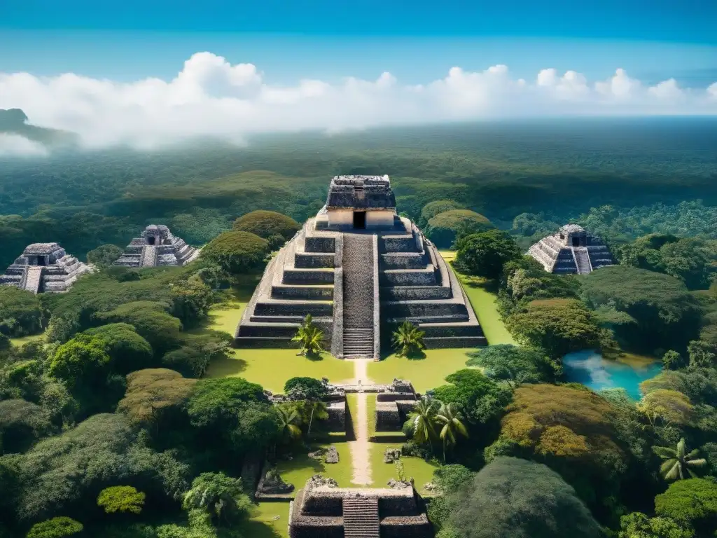 Fotografía aérea detallada de una ciudad maya, resaltando urbanismo y técnicas de construcción mayas