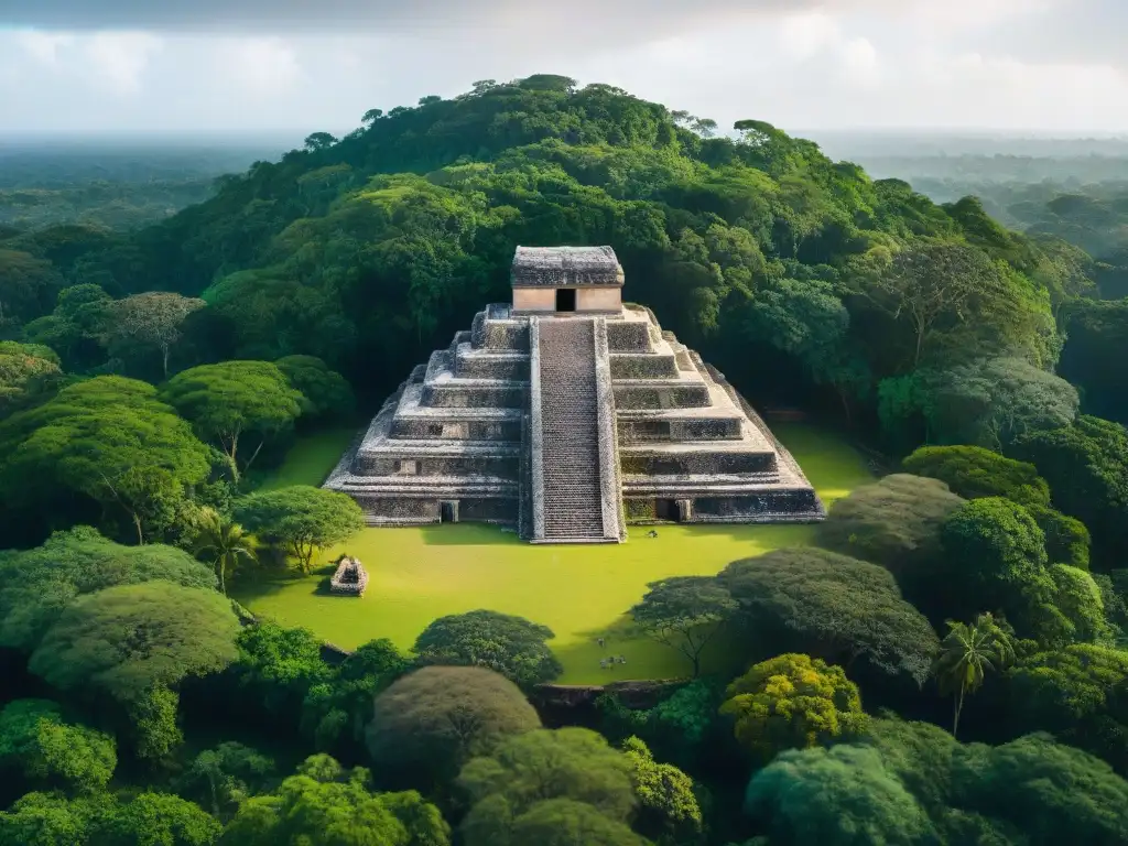 Fotografía aérea de un sitio arqueológico maya con UAV, destacando estructuras antiguas y vegetación exuberante