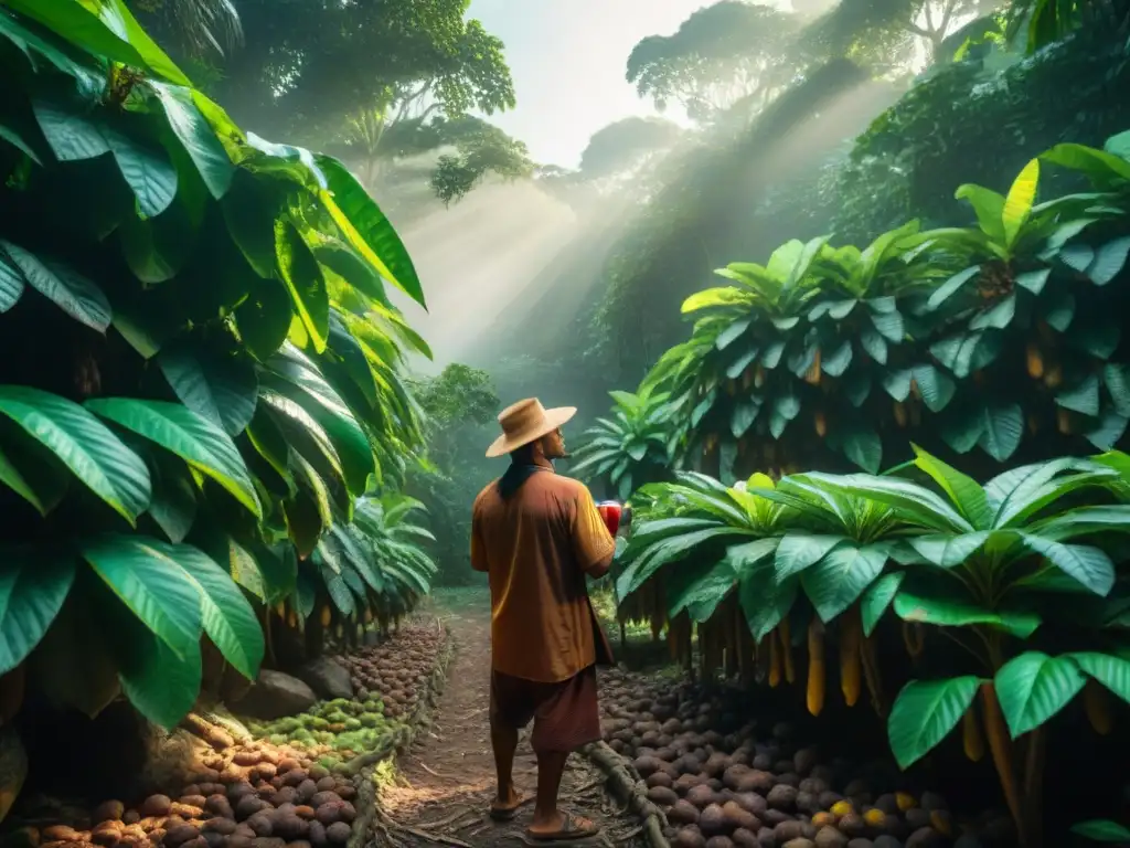 Un agricultor maya cuida los árboles de cacao en la selva, mostrando la conexión ancestral con el cacao