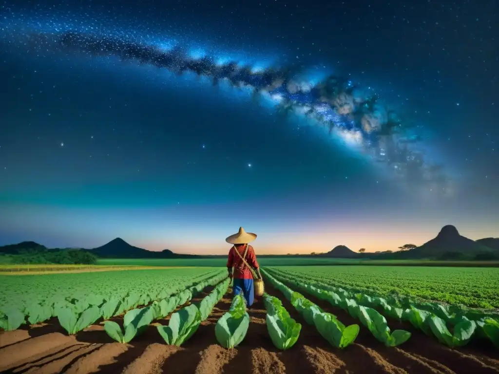 Un agricultor maya integra la astronomía maya en la agricultura contemporánea bajo un cielo estrellado