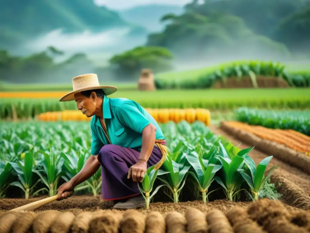 Un agricultor maya planta maíz en un campo soleado, rodeado de vegetación exuberante y ruinas antiguas