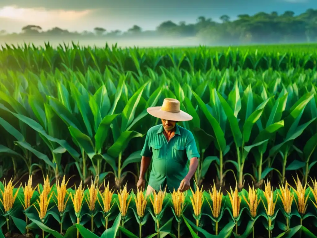 Un agricultor maya en un campo de maíz verde, usando innovadoras técnicas de cultivo