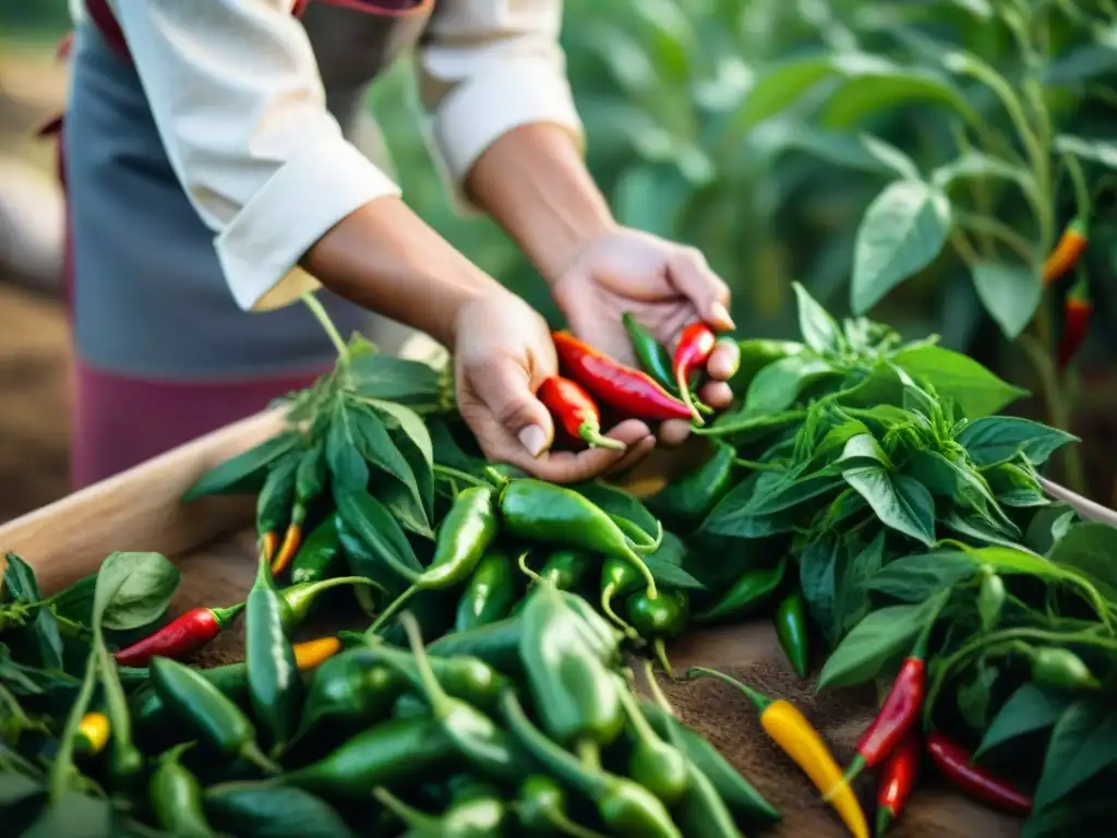 Un agricultor maya selecciona chiles rojos entre especias, reflejando la esencia de la agricultura maya