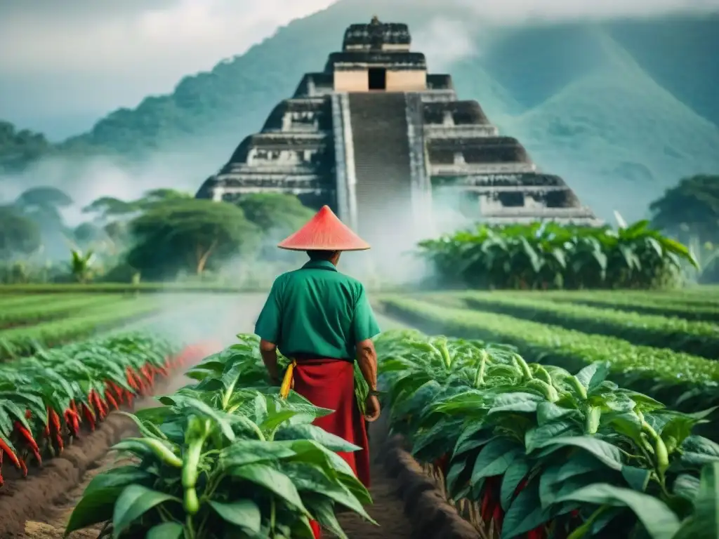 Un agricultor maya cultivando chiles rojos bajo el sol mesoamericano, resaltando los Beneficios del chile en la dieta maya