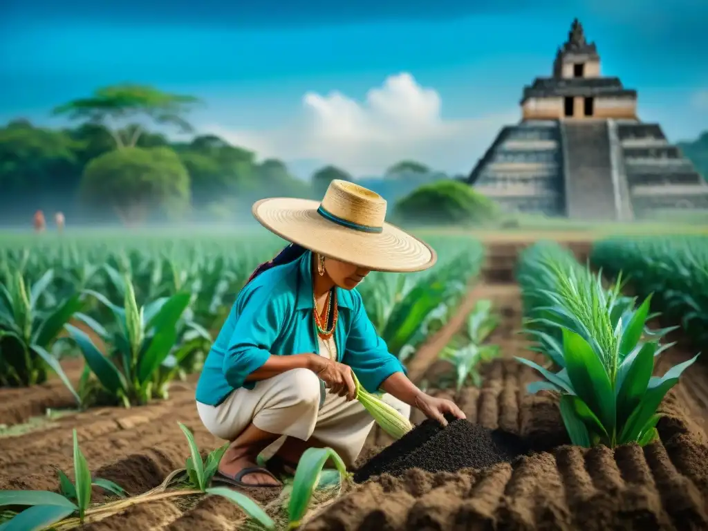 Un agricultor maya plantando maíz bajo el cielo azul en un campo rural, rodeado de naturaleza y ruinas mayas