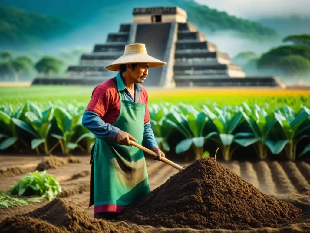 Un agricultor maya mezclando compost en un campo vibrante, rodeado de cultivos y ruinas antiguas