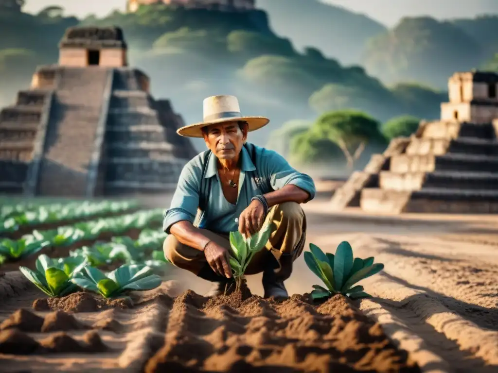 Un agricultor maya plantando cosechas resistentes en tierra árida bajo el sol, con ruinas ancestrales y prácticas agrícolas modernas