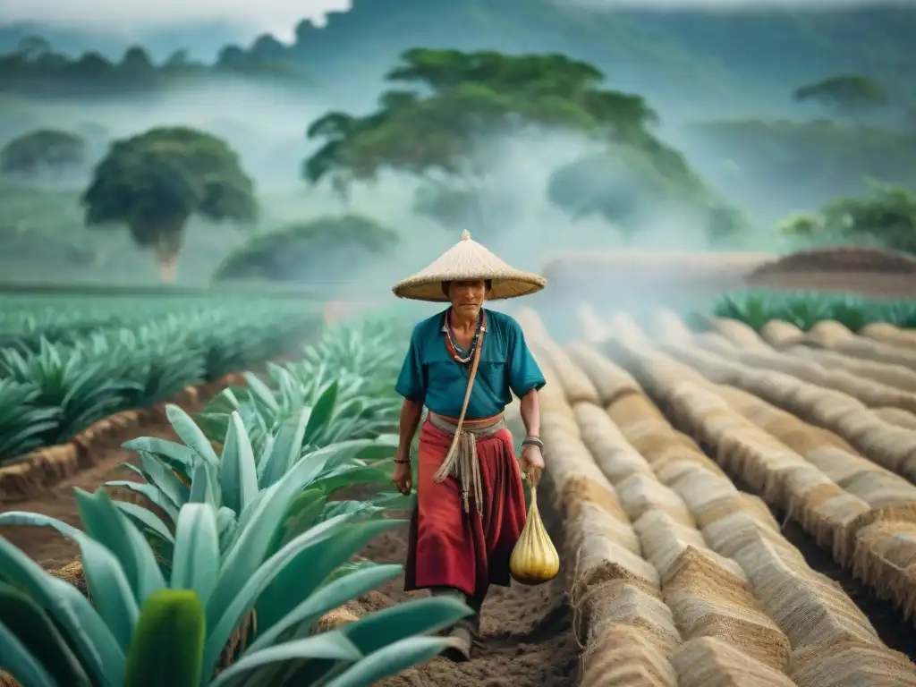 Un agricultor maya cuida sus cultivos en un campo reseco, mostrando la conservación del agua en su cultura