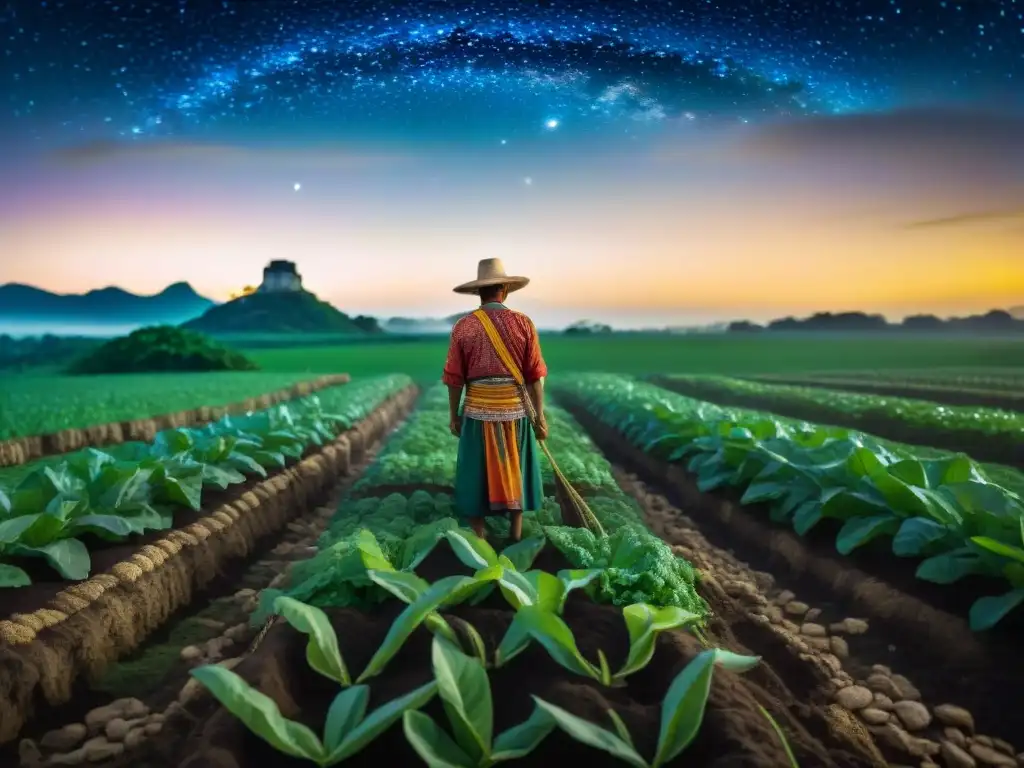 Un agricultor maya planta cultivos bajo las estrellas, fusionando astronomía maya y agricultura sostenible