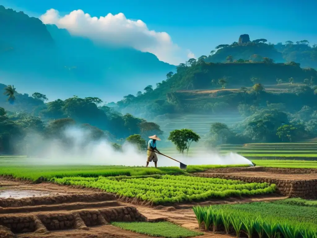 Un agricultor maya irrigando sus cultivos con técnicas tradicionales, resaltando el uso sostenible del agua en cultivos mayas