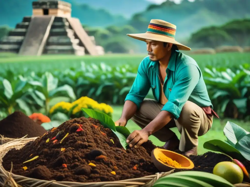 Un agricultor maya cuida con esmero un compost vibrante en medio de la naturaleza, mostrando la gestión compost y agua maya