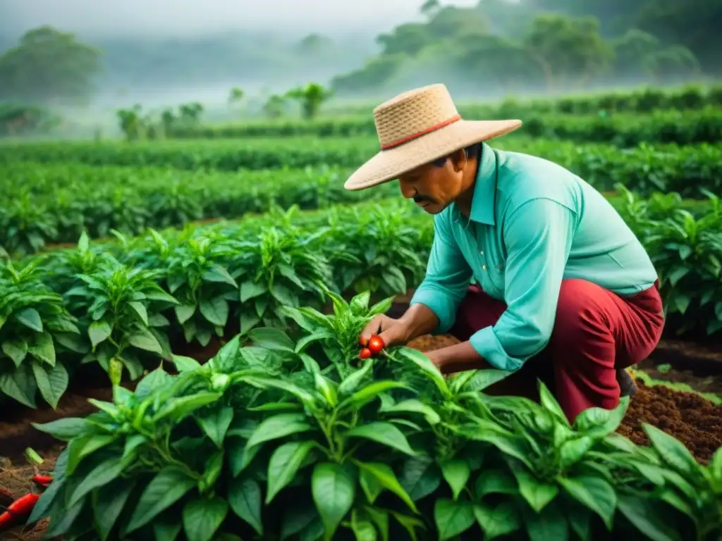 Un agricultor maya cuida con esmero plantas de chiles en un campo soleado, mostrando técnicas ancestrales