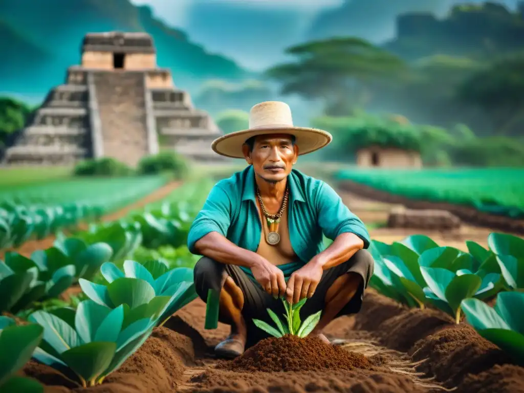 Un agricultor maya cuida con esmero la tierra, entre ruinas antiguas y exuberante vegetación