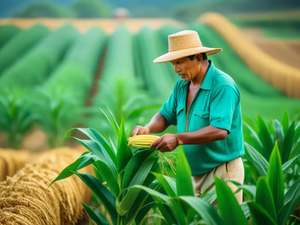 Un agricultor maya aplica fertilizantes orgánicos en un campo de maíz, mostrando prácticas agrícolas sostenibles en Maya