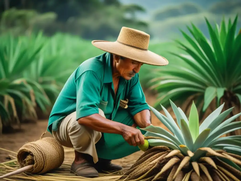 Un agricultor maya extrayendo fibras de maguey con herramientas antiguas