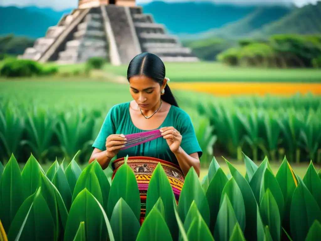 Un agricultor maya teje un huipil bajo el sol yucateco, mostrando técnicas agrícolas avanzadas de los mayas