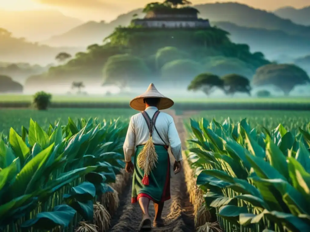 Un agricultor maya en un maizal al amanecer, alineado con el sol y una estructura de piedra, reflejando la conexión entre la astronomía maya y la agricultura contemporánea