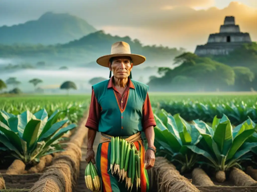 Un agricultor maya cuida su milpa entre ruinas antiguas al atardecer, reflejando las prácticas culturales en agricultura maya