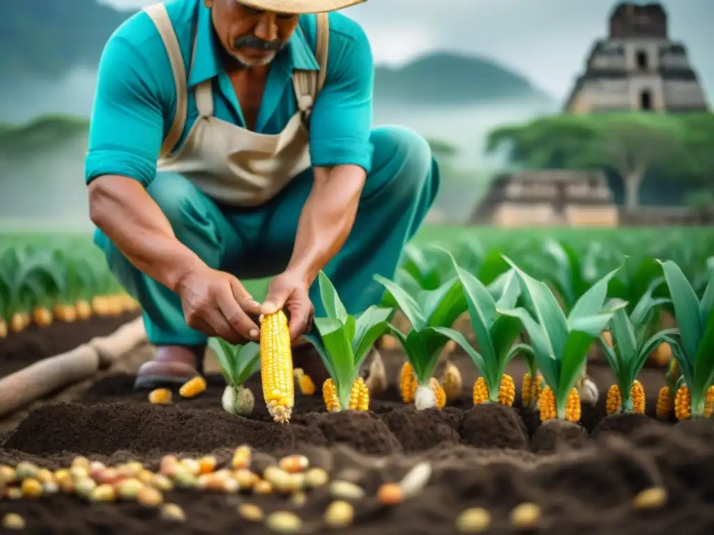 Un agricultor maya planta maíz en una milpa, con ruinas de un templo maya al fondo