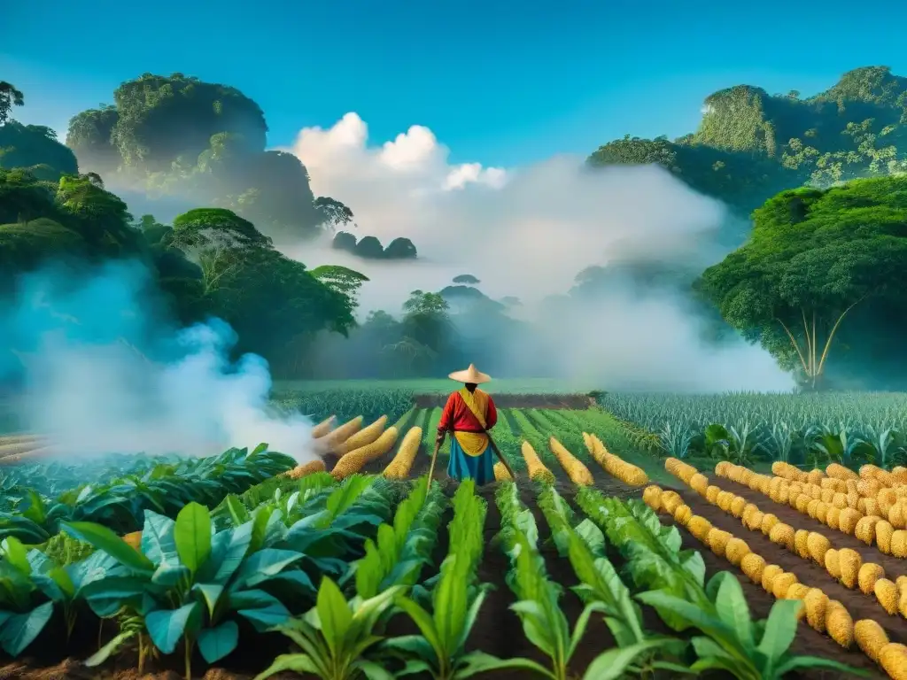 Un agricultor maya cuida de su milpa vibrante, reflejando la dieta y nutrición en maya