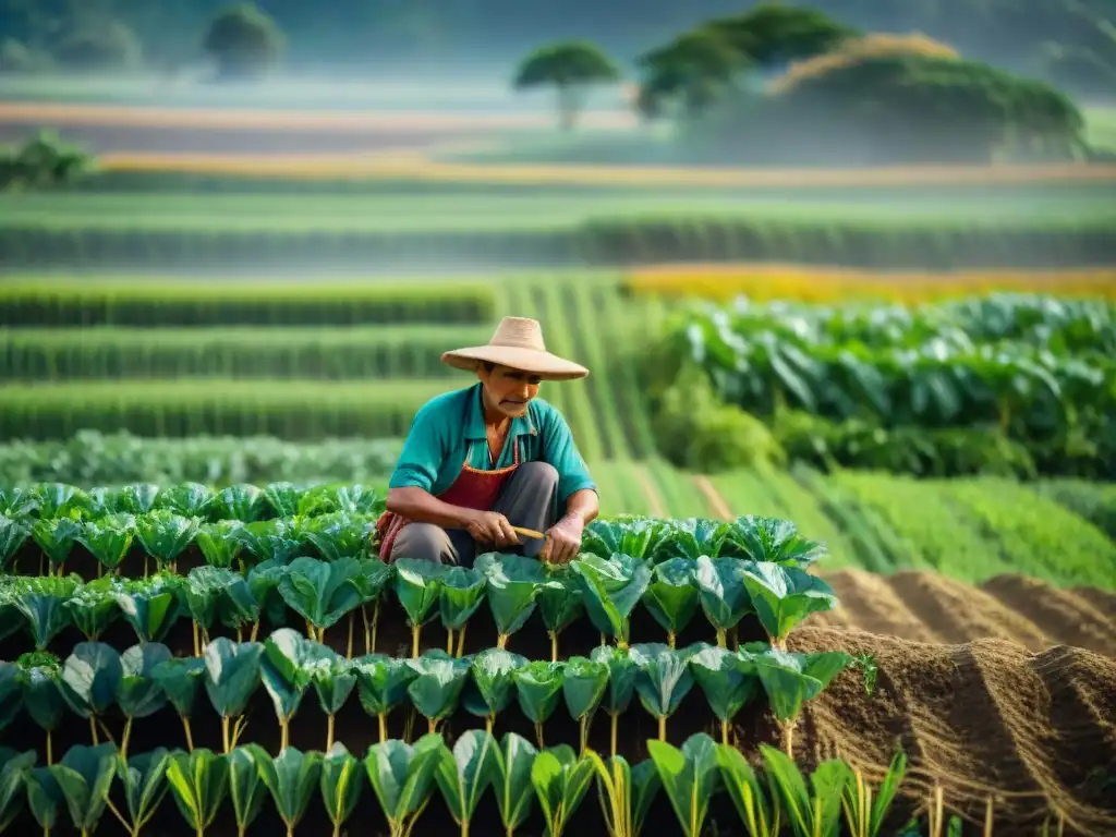 Un agricultor maya moderno tejiendo entre cultivos vibrantes, fusionando tradición y técnicas sostenibles