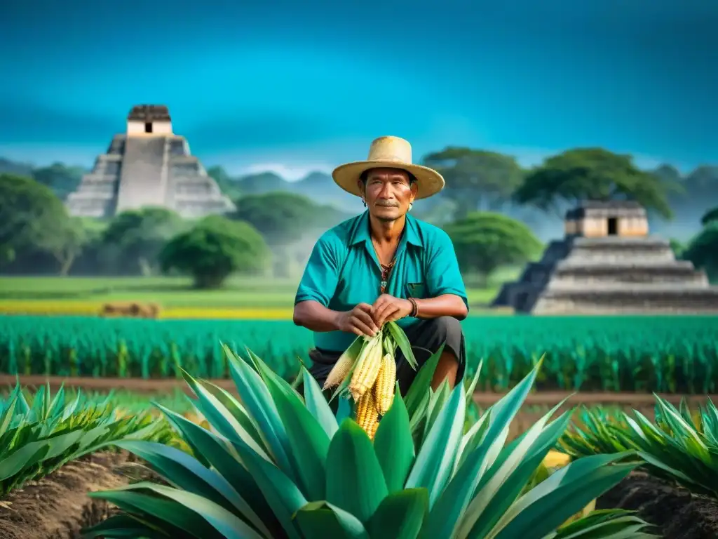 Un agricultor maya moderno plantando maíz con técnicas tradicionales en un paisaje verde, con ruinas mayas al fondo