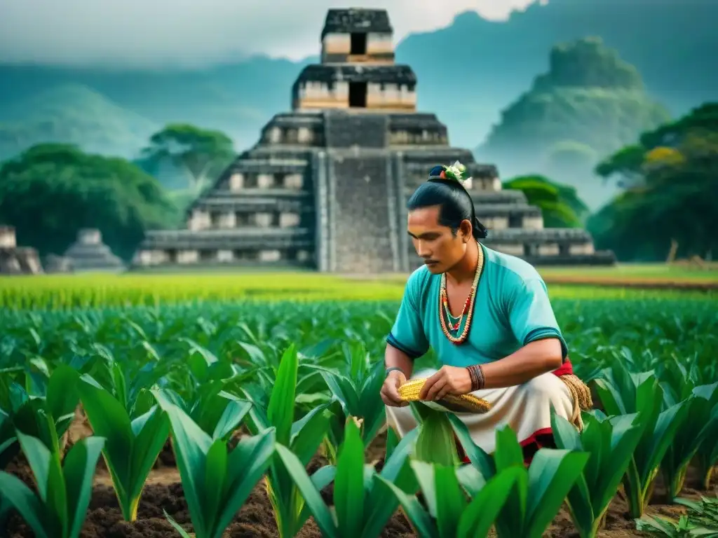 Un agricultor maya plantando maíz cerca de ruinas de un templo, en un campo exuberante