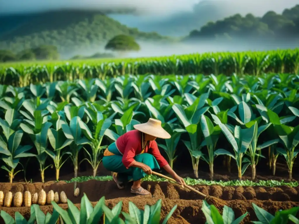 Un agricultor Maya planta semillas en un campo vibrante bajo el sol de Yucatán