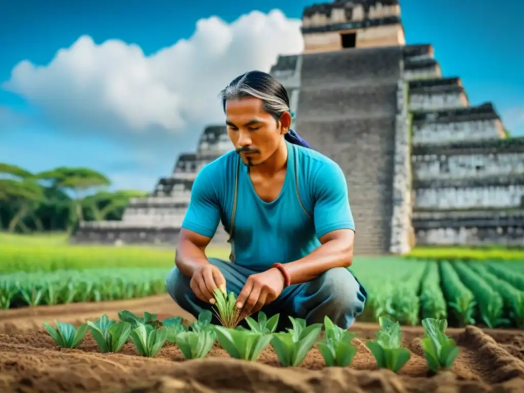 Un agricultor maya plantando semillas con cuidado en un campo verde exuberante junto a ruinas antiguas