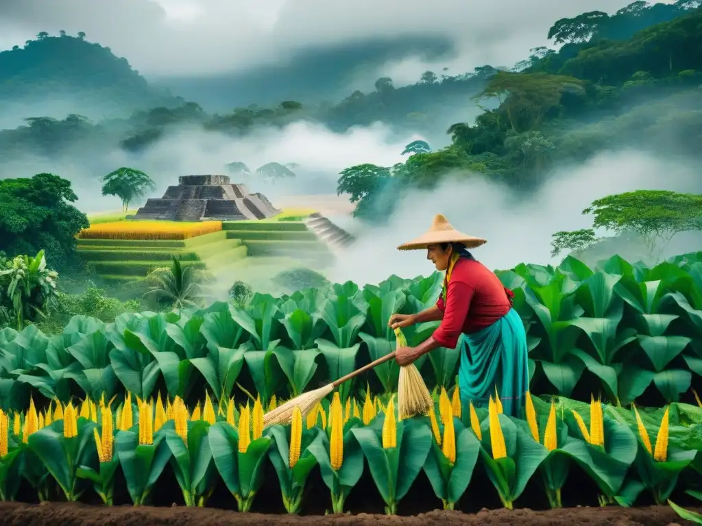 Milpa Maya: Cultivo sostenible en la jungla ancestral Un agricultor maya planta semillas en su milpa vibrante, en armonía con la naturaleza y la antigua civilización maya