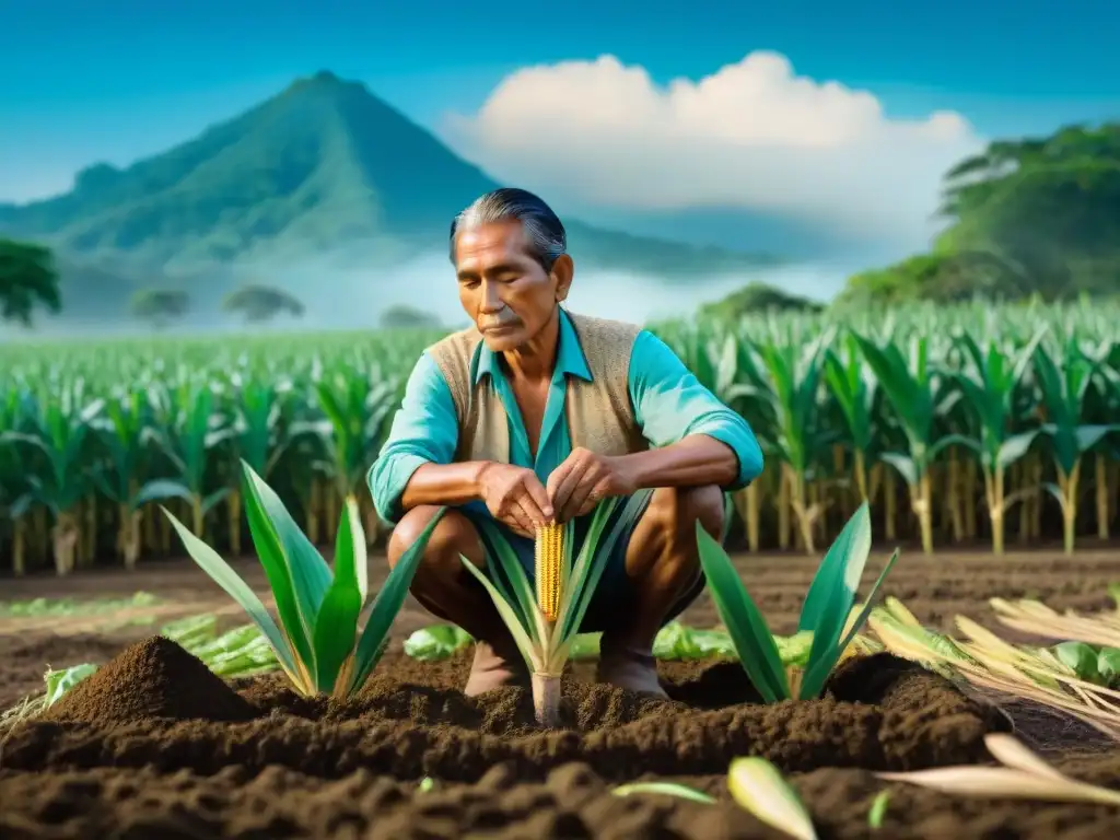 Un agricultor maya planta semillas en una milpa tradicional, reflejando el papel espiritual de la cultura maya en Guatemala