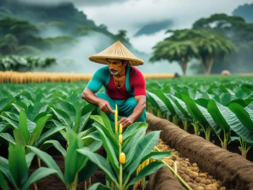 Un agricultor maya sostenible cuida su milpa con técnicas ancestrales bajo la ceiba