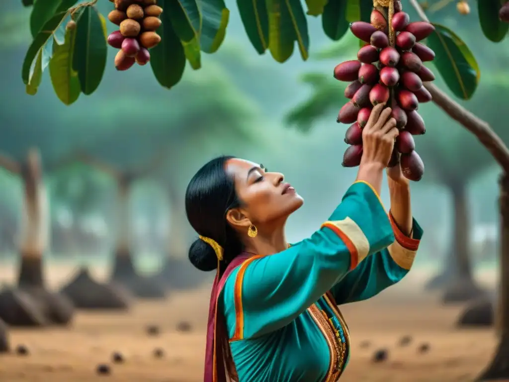 Un agricultor maya cosechando tamarindos maduros en un exuberante huerto tropical