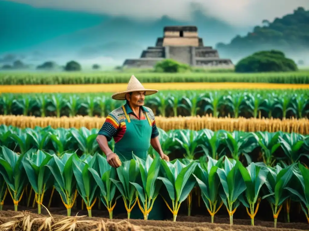 Un agricultor maya cultiva maíz con técnicas ancestrales en un campo vibrante, con ruinas de una ciudad maya al fondo