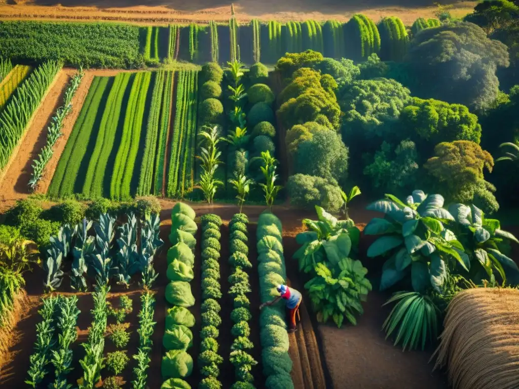 Un agricultor maya cultiva con técnicas ancestrales en campo vibrante, practicando agricultura sostenible