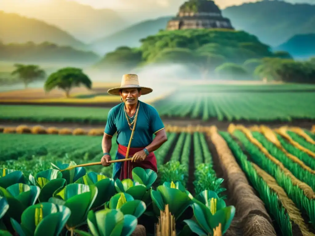 Un agricultor maya cultiva con técnicas innovadoras en un campo exuberante bajo el cálido sol