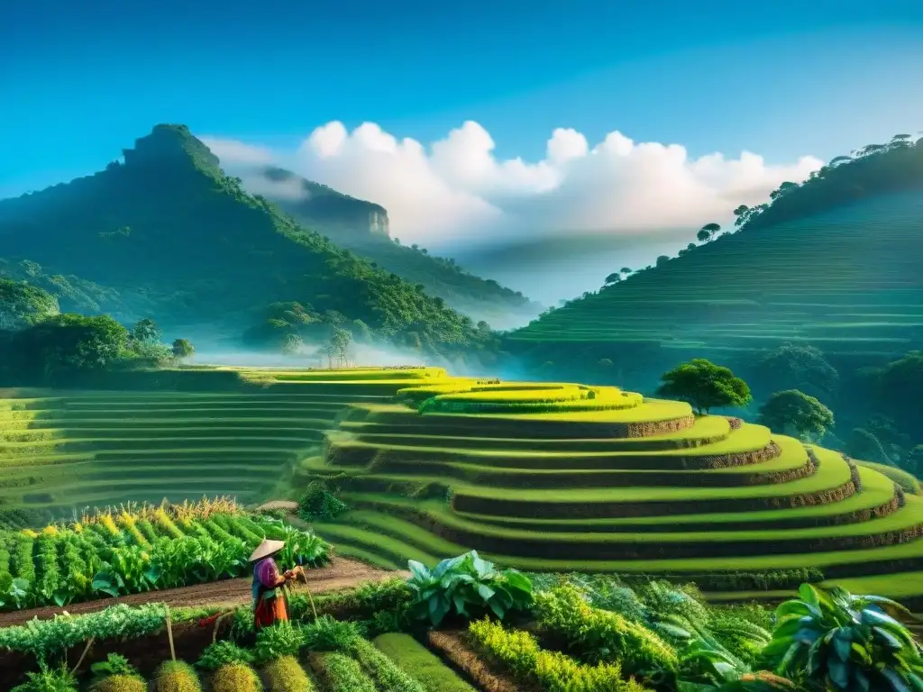 Un agricultor maya construye terrazas agrícolas, aplicando técnicas ancestrales para Conservación suelo técnicas mayas