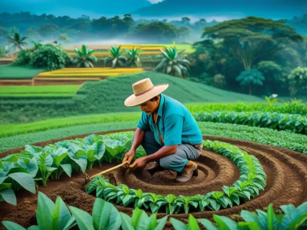 Un agricultor Maya tradicional planta cultivos en rotación en un campo exuberante, usando herramientas antiguas con precisión