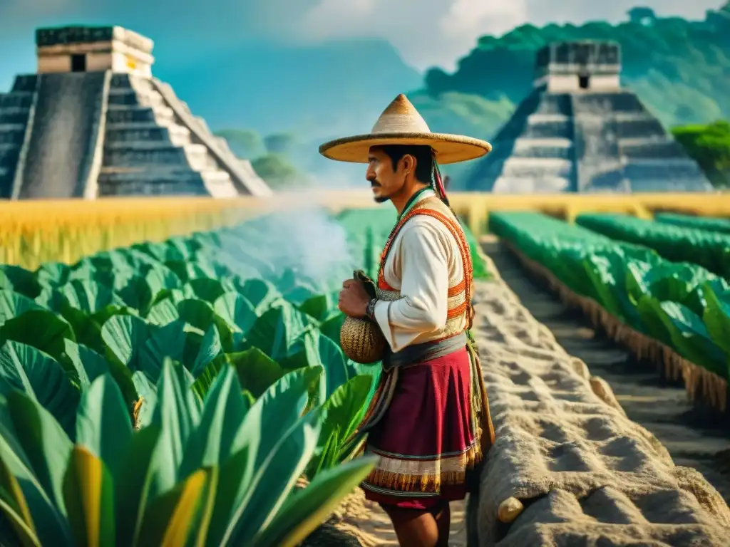 Un agricultor maya tradicional rota sus cultivos en un campo exuberante bajo el sol de Yucatán