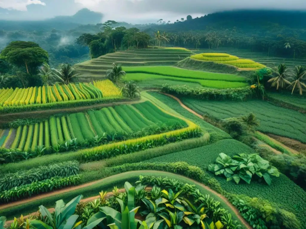 Agricultura sostenible en campos mayas: terrazas verdes con cultivos de maíz, frijol y calabaza, canales de riego y agricultores locales