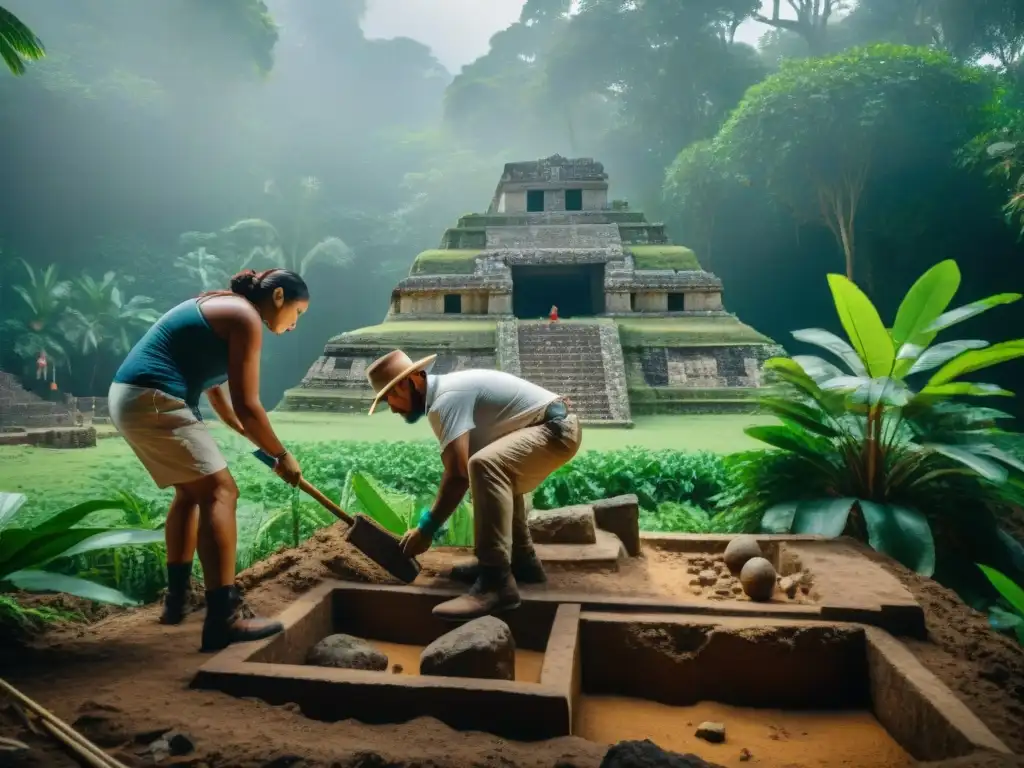 Descubrimiento arqueológico: equipo excavando aguada maya entre exuberante vegetación