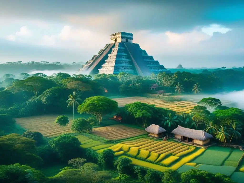 Una aldea maya en simbiosis con la naturaleza: casas de paja, cultivos coloridos y una pirámide en la selva