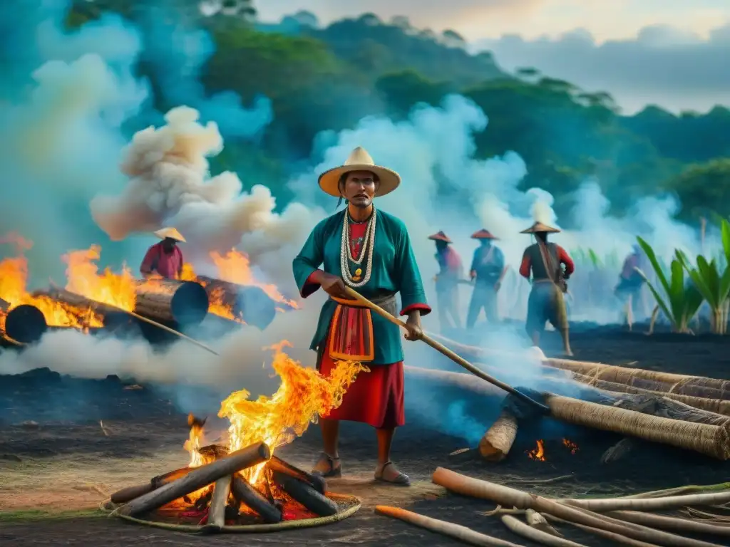 Alegres agricultores mayas realizando el manejo del fuego en sus tierras, rodeados de exuberante vegetación bajo cielo azul claro