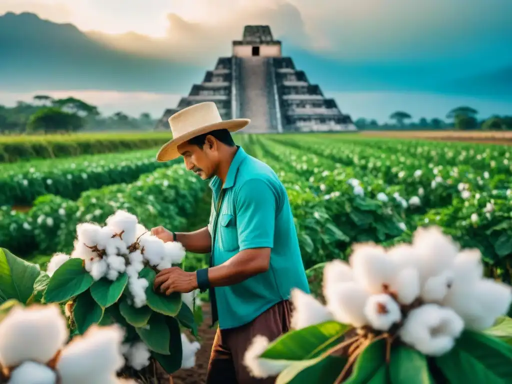 Producción de algodón en sociedad maya: Agricultores mayas cosechando algodón en un campo vibrante bajo el sol brillante