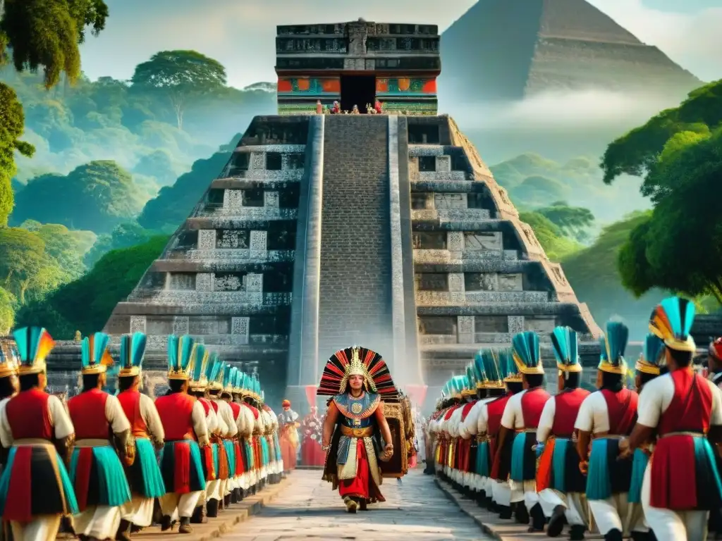 Alianzas políticas entre mayas y Teotihuacán: nobleza intercambia regalos y examina jeroglíficos en escena ceremonial en la jungla